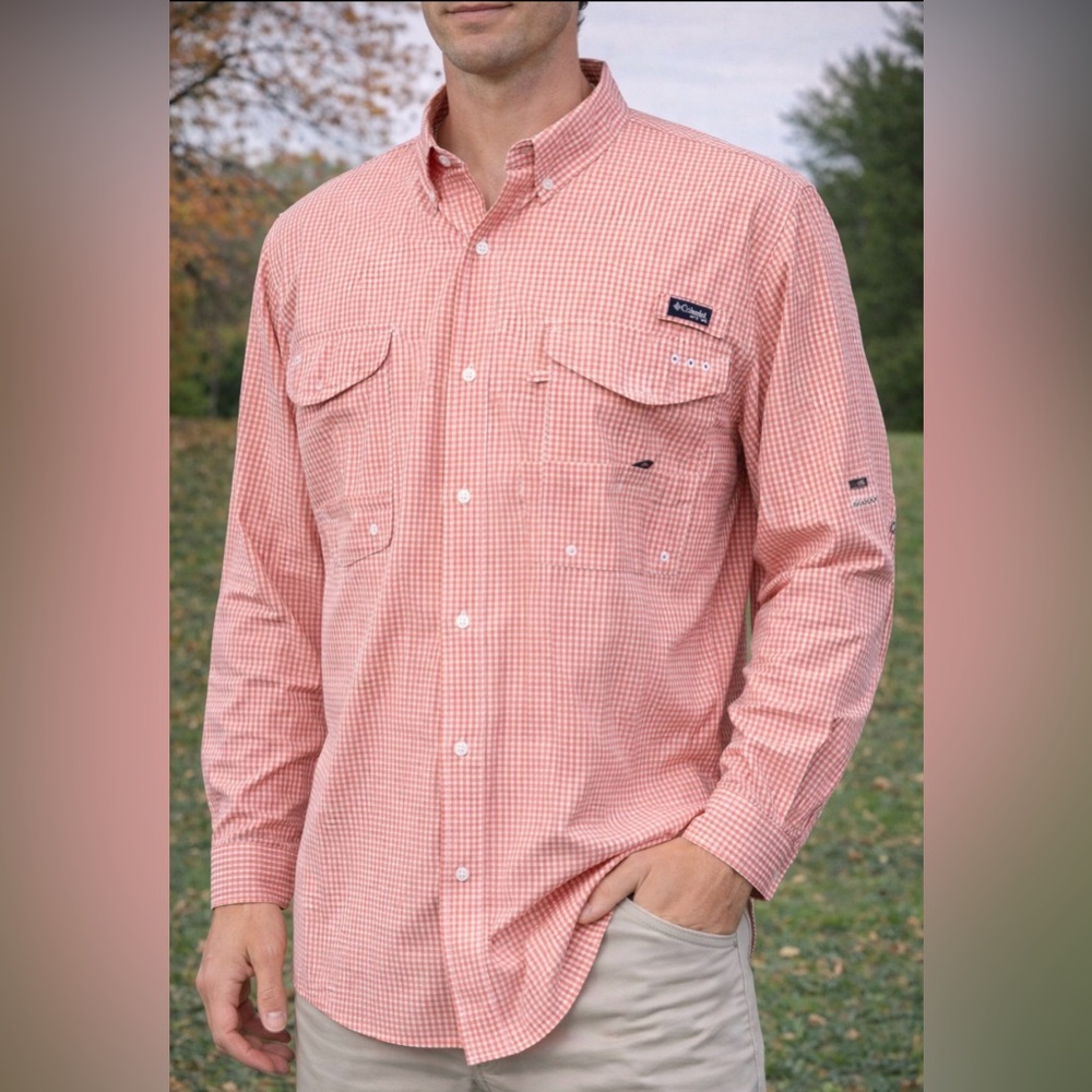 ^Columbia PFG Super Bonehead Multi Pocket Liteweight Fishing Shirt Tangerine 4X